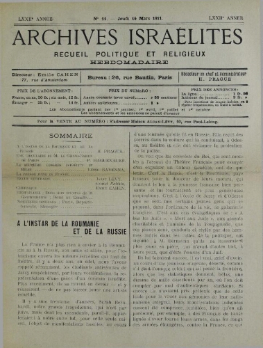Archives israélites de France. Vol.72 N°11 (16 mars 1911)